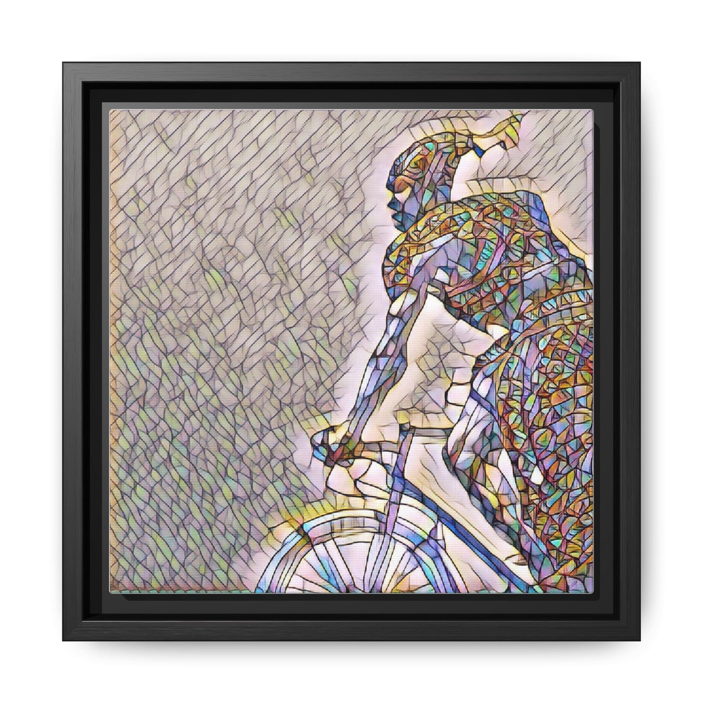 Cyclist Mosaic Matte Canvas Print — Framed Multicolor Bike Art