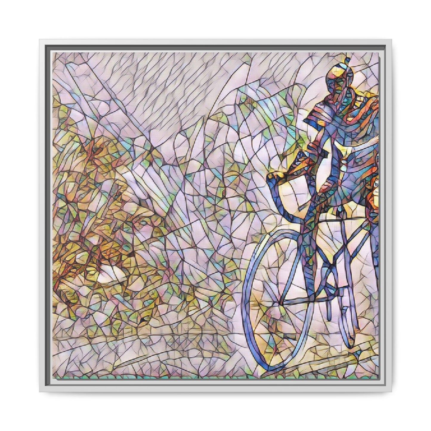 Colorful Cyclist Stained-Glass Art — Framed Matte Canvas