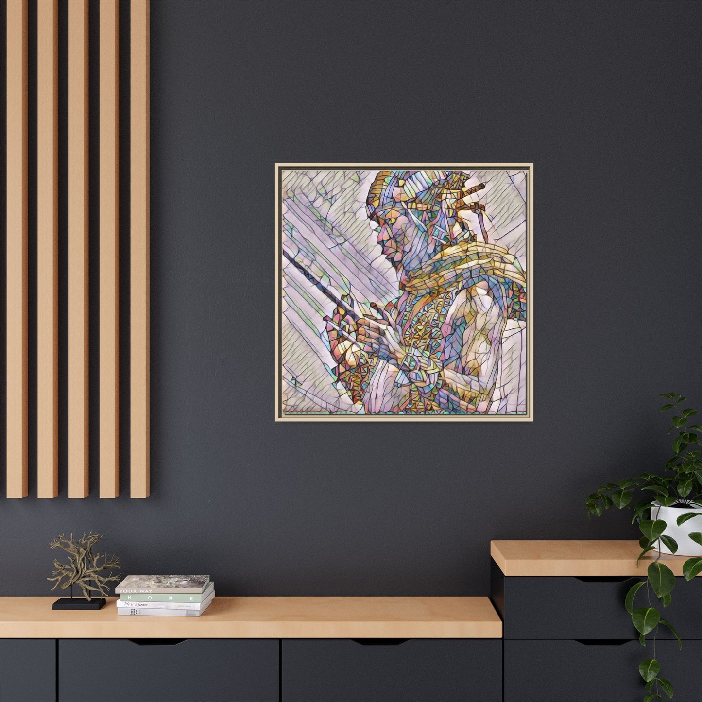 Framed Canvas Art - Colorful Tribal Warrior Portrait (Matte)