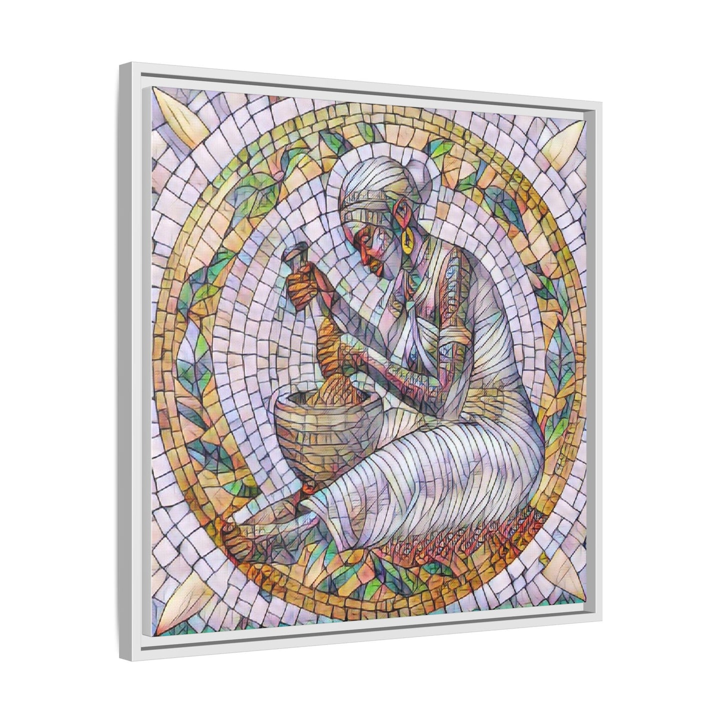 Framed Mosaic Art Print — Woman Grinding Grain (Matte Canvas)