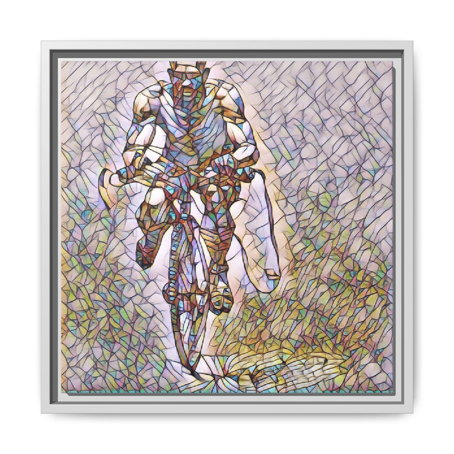 Cyclist Art Print — Framed Matte Canvas Wall Art (Multicolor Stained-Glass Style)