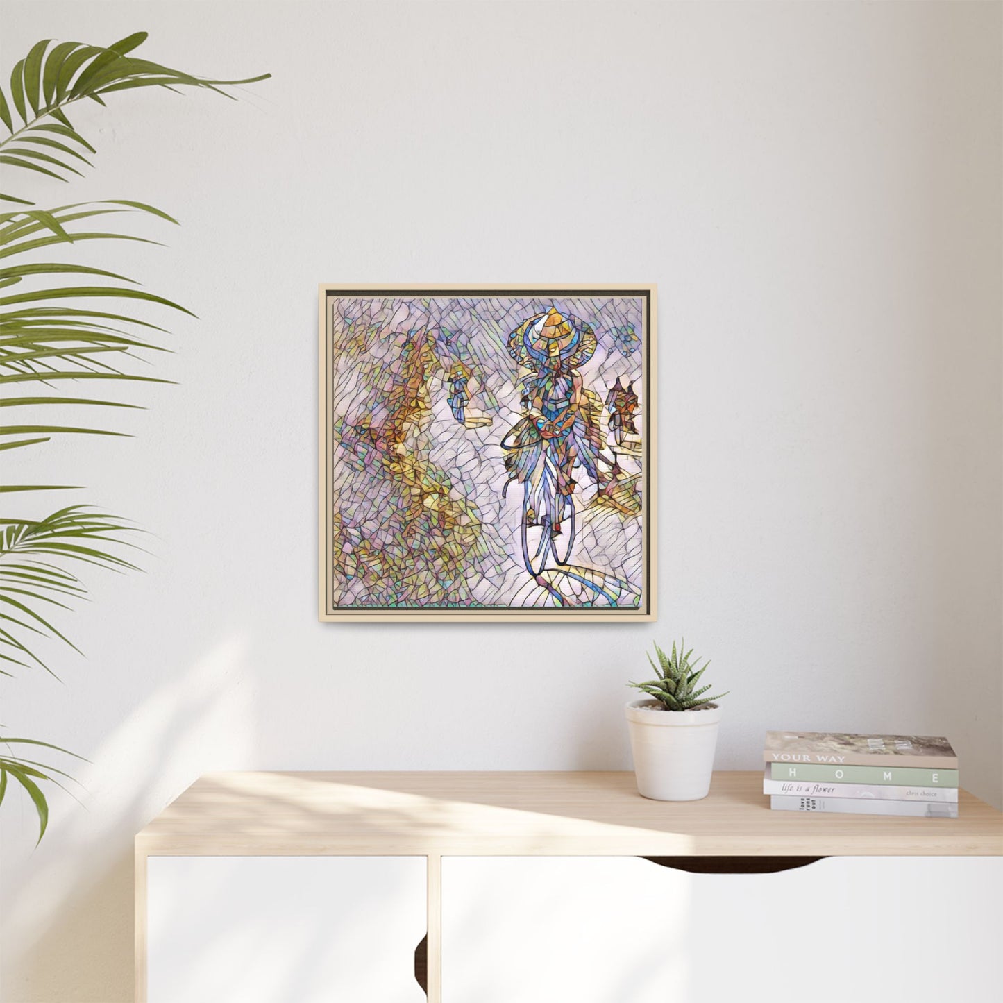 Abstract Cyclist Stained-Glass Art Print — Framed Matte Canvas