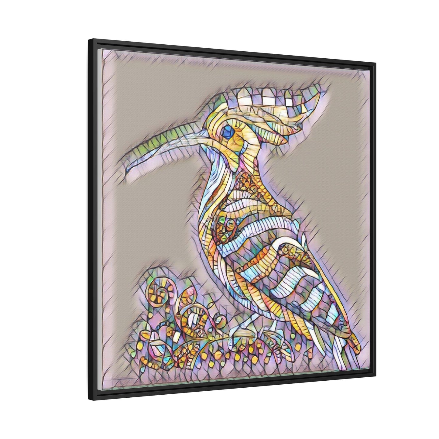 Colorful Mosaic Bird Framed Canvas Art — Whimsical Hoopoe Wall Decor