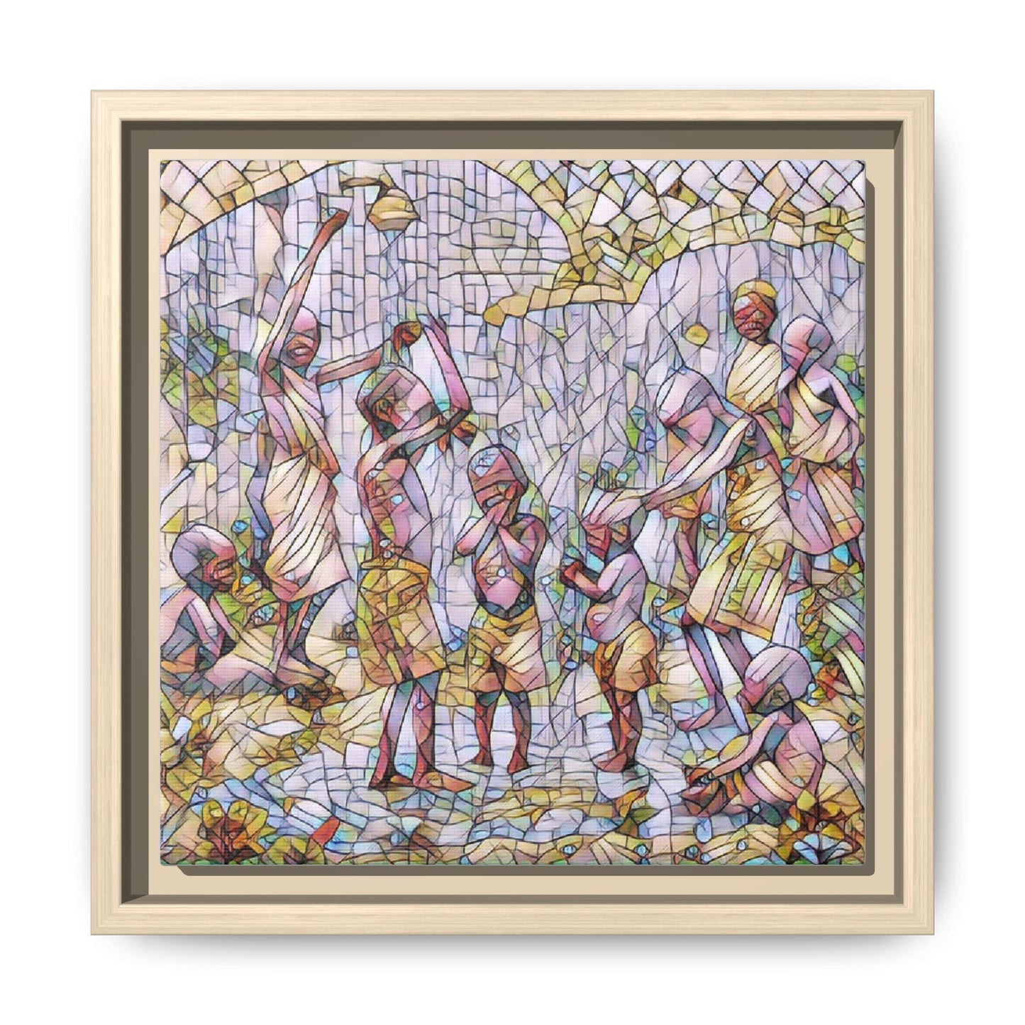 Framed Matte Canvas – Colorful Mosaic Children Playing Wall Art