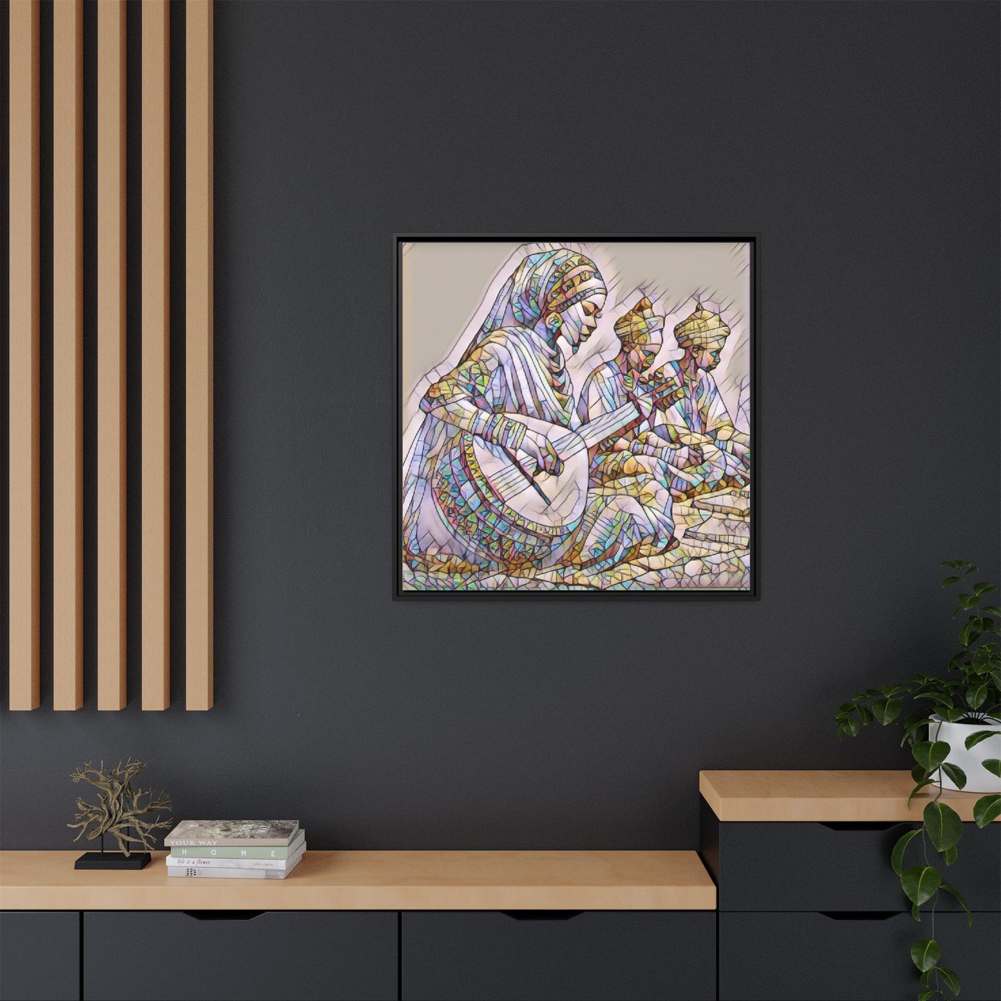 Framed Matte Canvas: Colorful Moroccan Musicians Wall Art