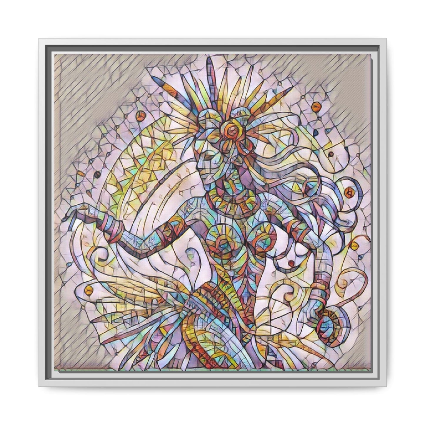 Colorful Mermaid Mosaic Framed Canvas Art — Boho Ocean Wall Decor