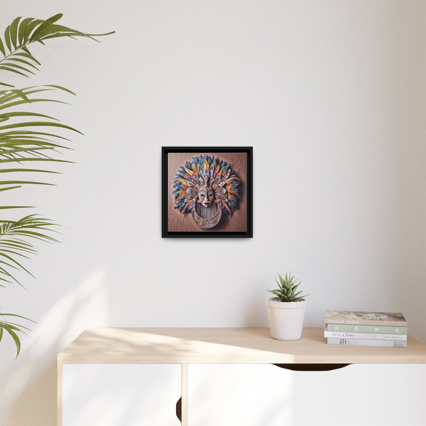 Tribal Feather Mask Framed Canvas Wall Art — Colorful Boho Decorative Print