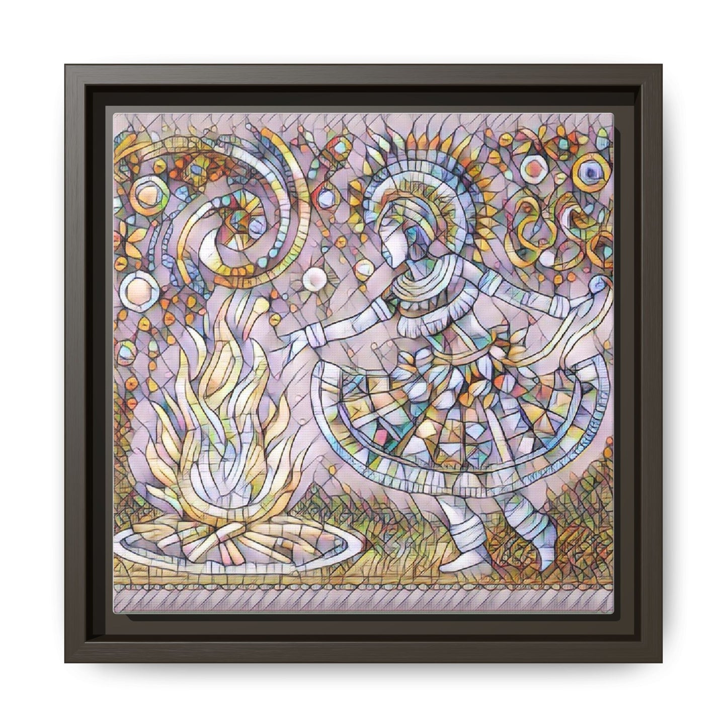 Bohemian Fire Dancer Framed Canvas Art — Colorful Folk Mosaic Wall Decor