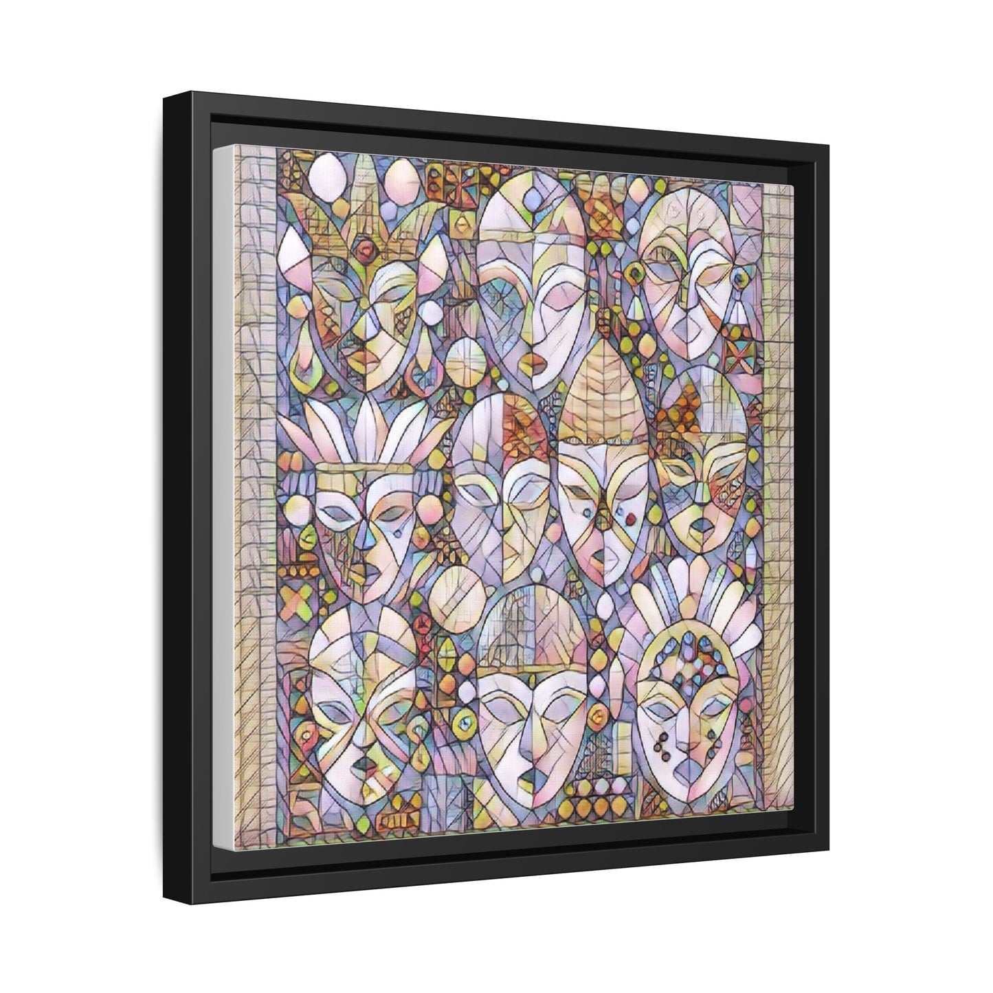 Framed Abstract Mask Art Canvas — Multicolor Stained-Glass Faces Wall Decor