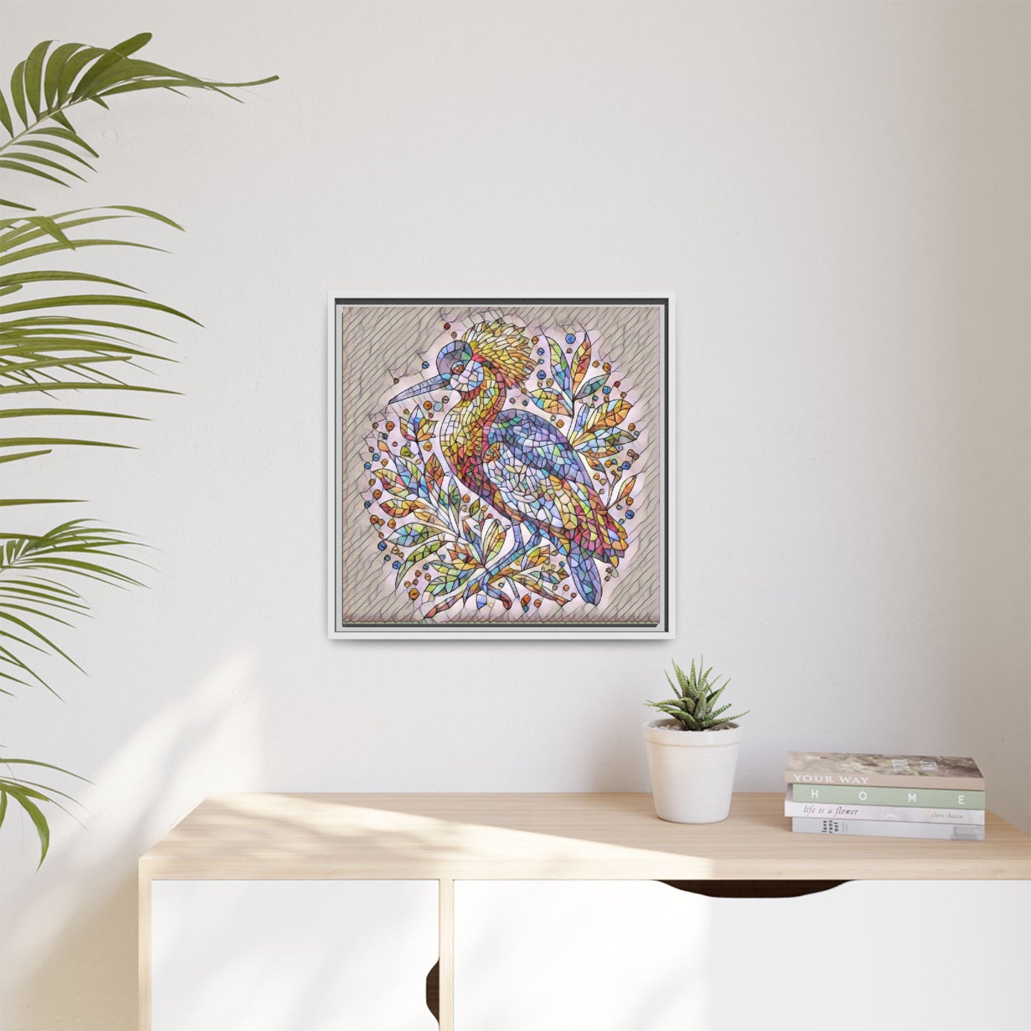 Colorful Stained-Glass Heron — Framed Matte Canvas Wall Art