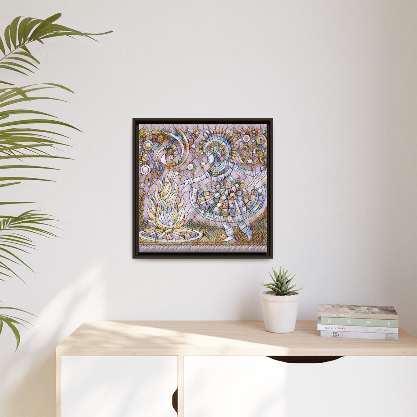 Bohemian Fire Dancer Framed Canvas Art — Colorful Folk Mosaic Wall Decor