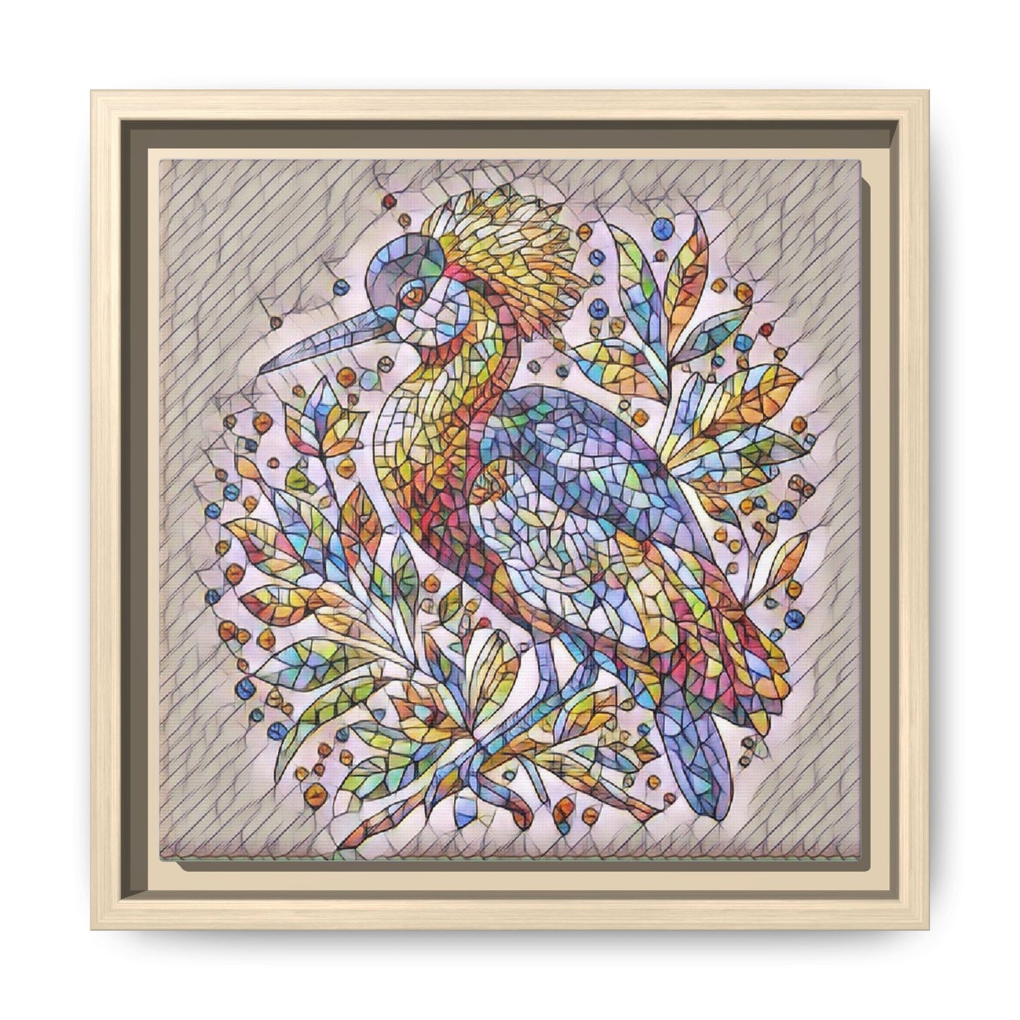 Colorful Stained-Glass Heron — Framed Matte Canvas Wall Art