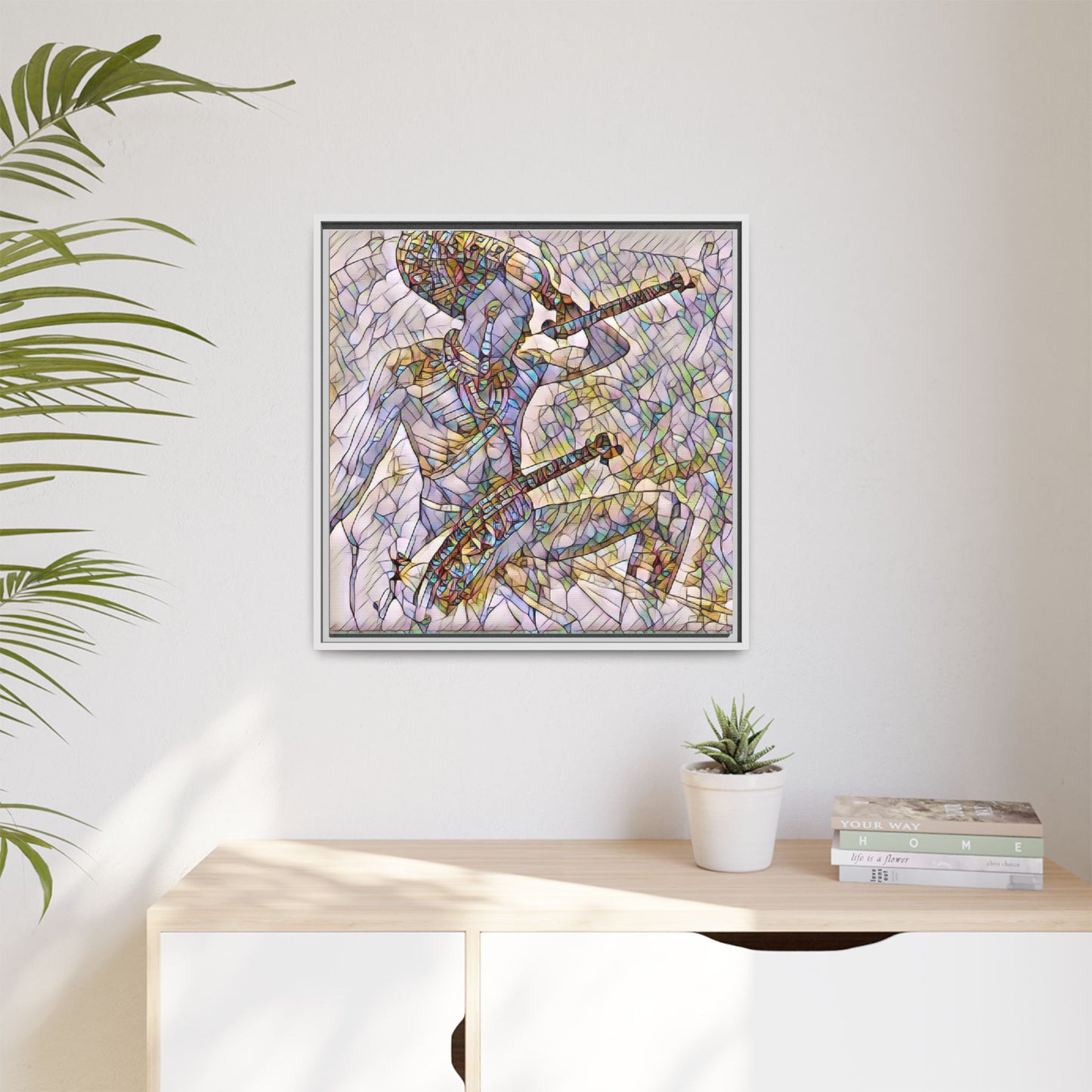 Stained Glass Blue Musician — Framed Matte Canvas Art