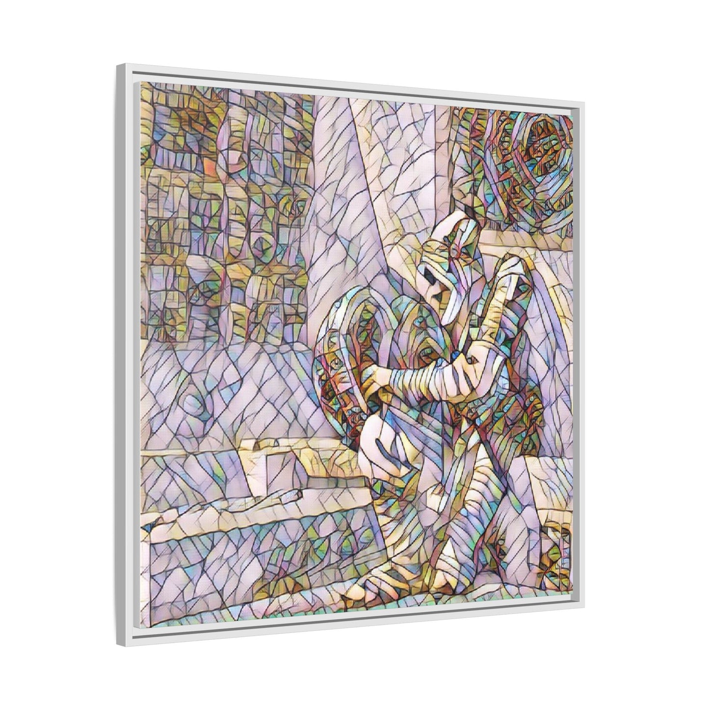 Framed Matte Canvas Art — Colorful Stained-Glass Astronaut Embrace