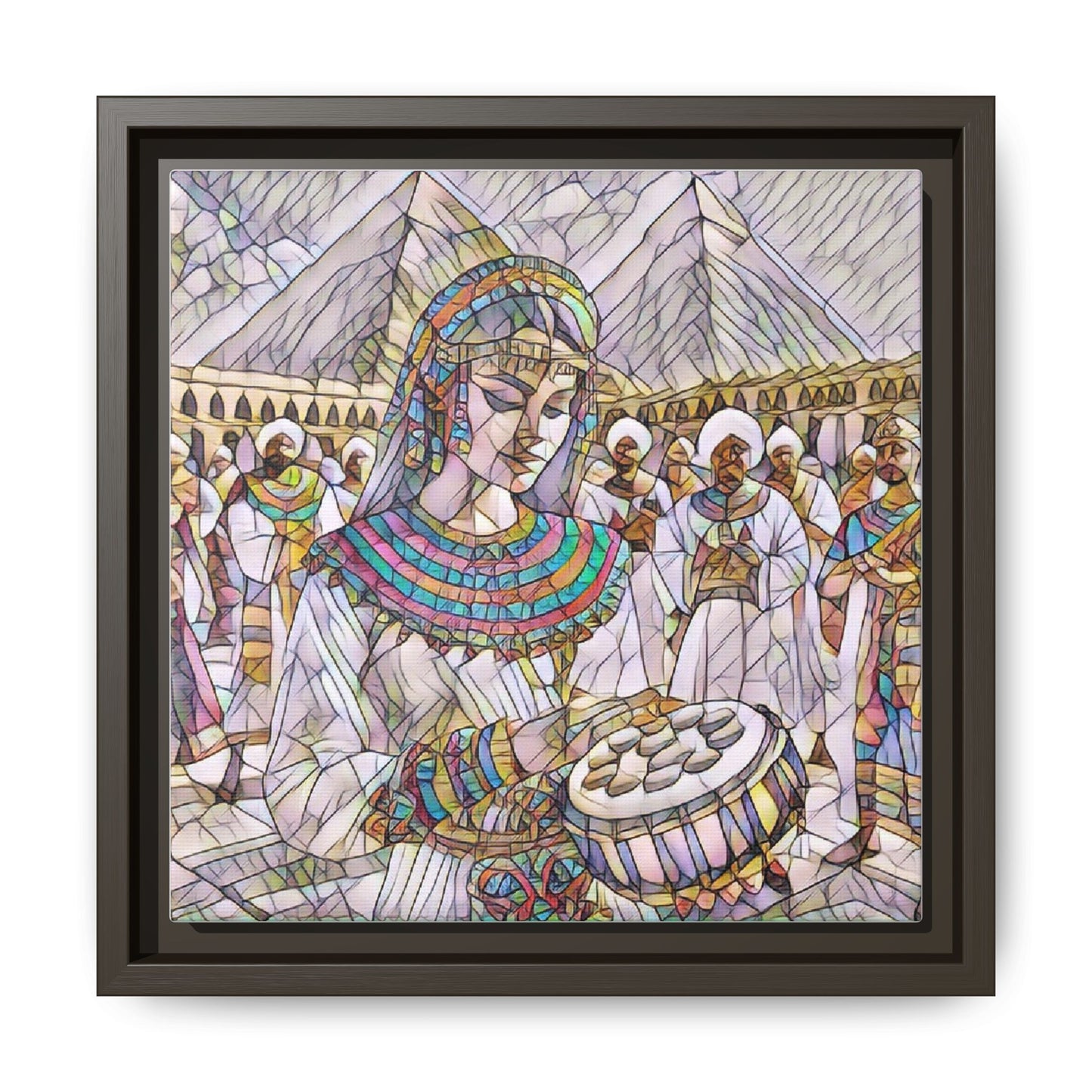 Egyptian Drum Player Framed Canvas Art — Colorful Ancient Scene Wall Decor