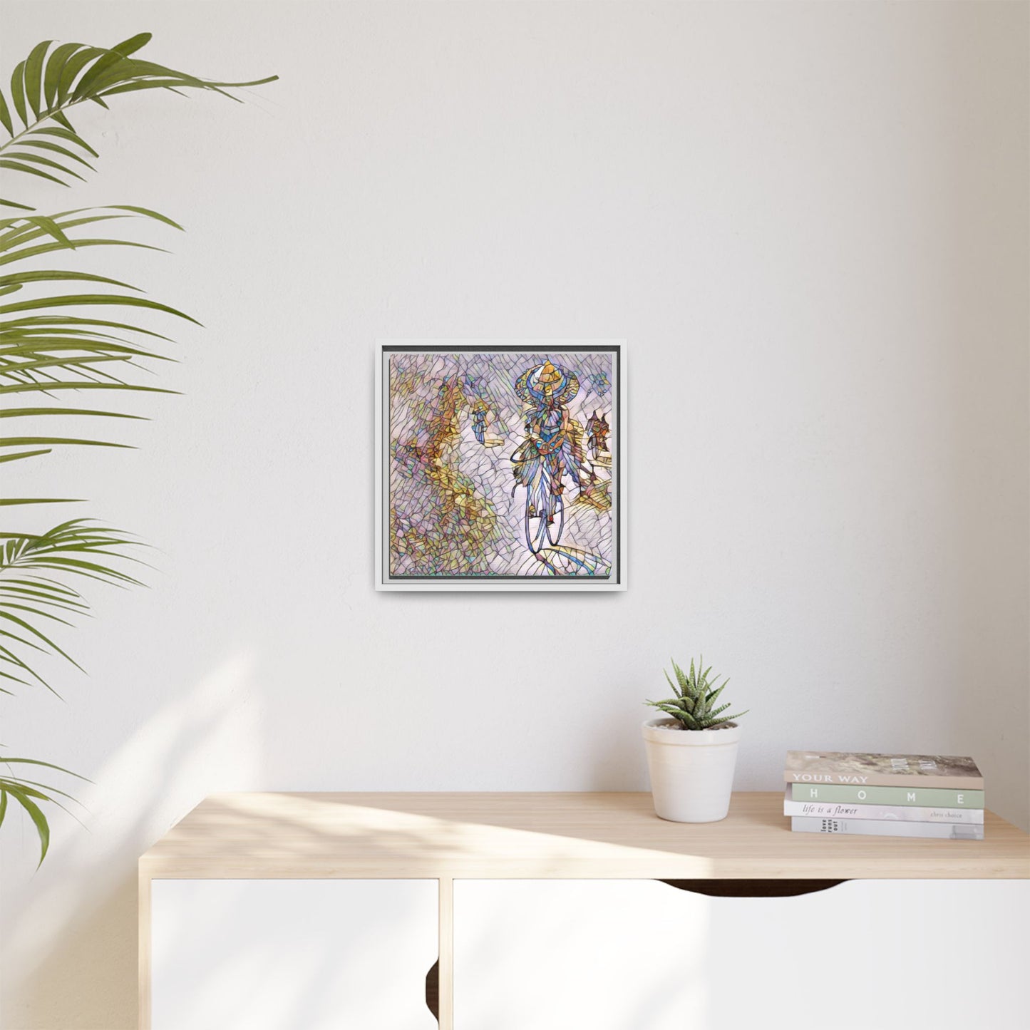 Abstract Cyclist Stained-Glass Art Print — Framed Matte Canvas