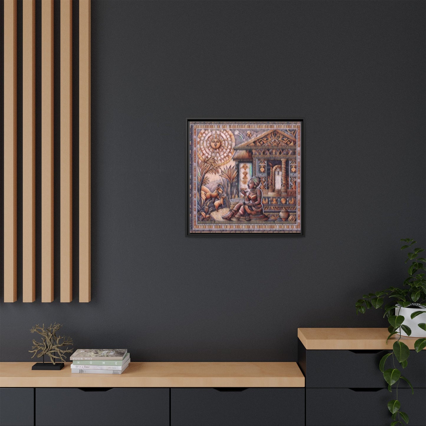 Egyptian Goddess Mosaic Framed Canvas Art — Colorful Ancient Ritual Wall Decor