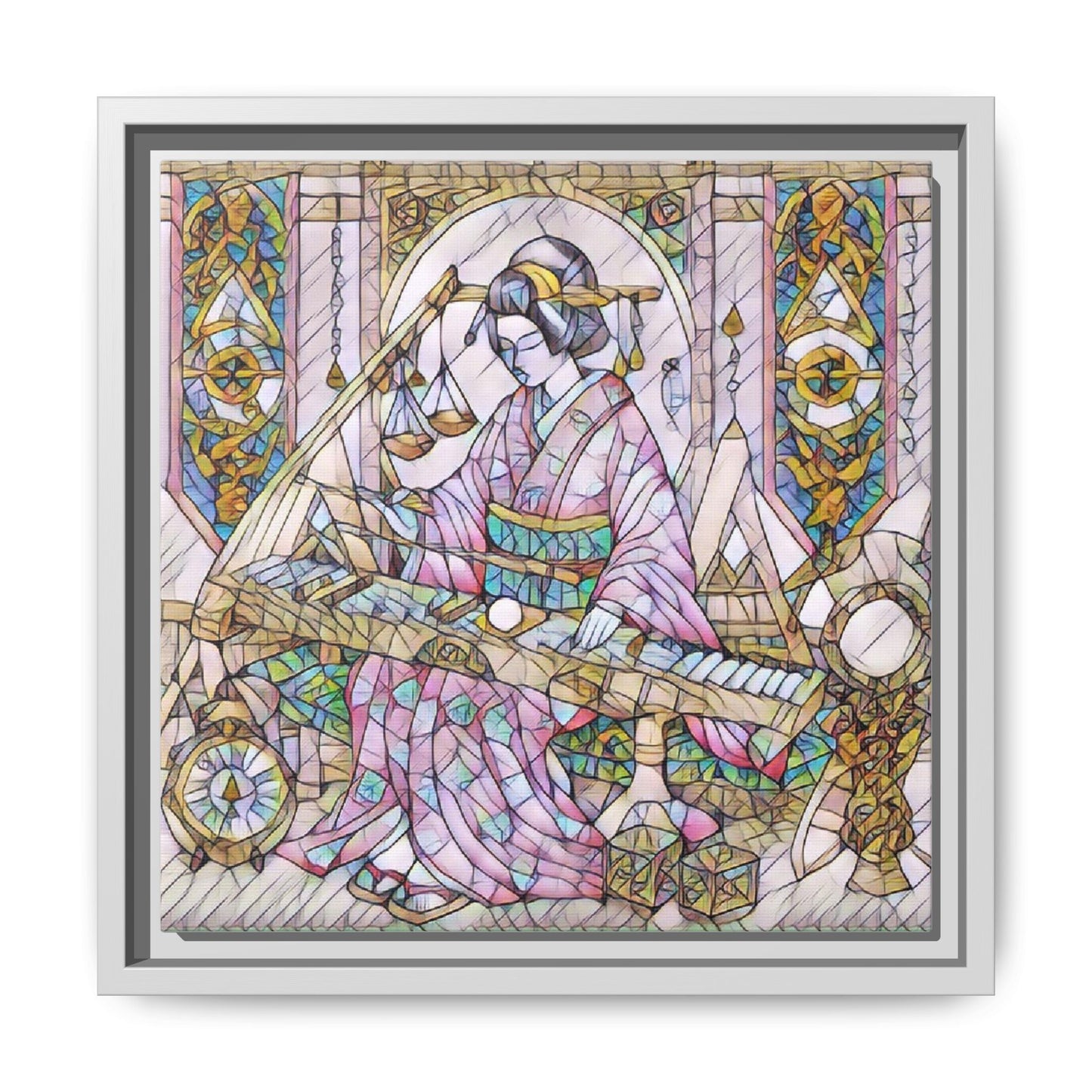 Framed Matte Canvas — Geisha Harp Stained-Glass Art Print