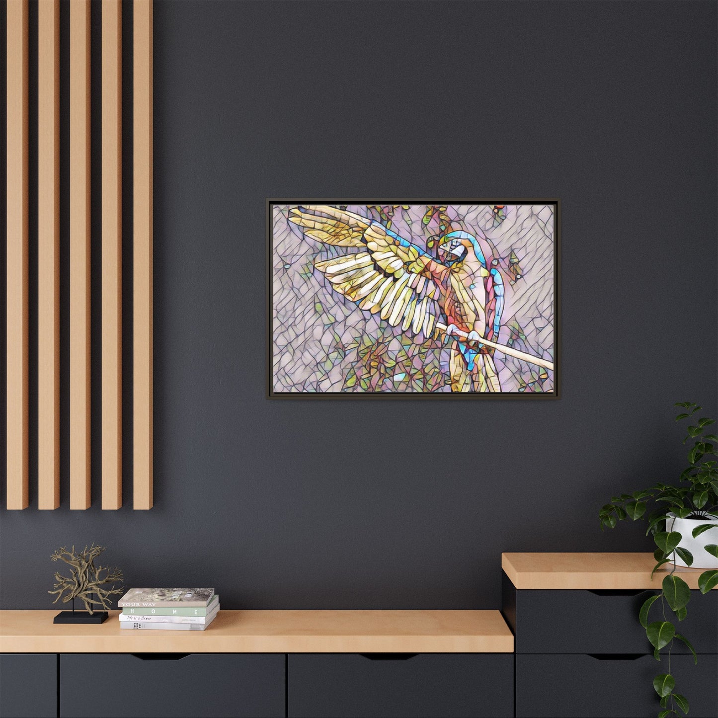 Framed Parrot Stained-Glass Art Print — Matte Canvas Wall Decor