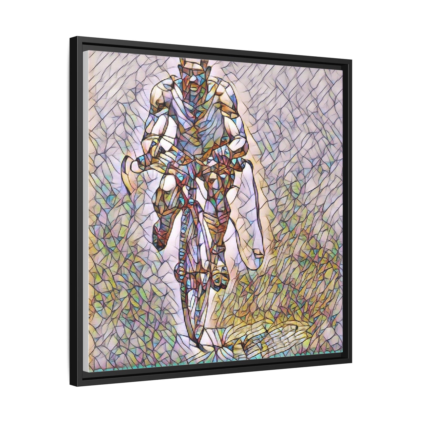 Cyclist Art Print — Framed Matte Canvas Wall Art (Multicolor Stained-Glass Style)
