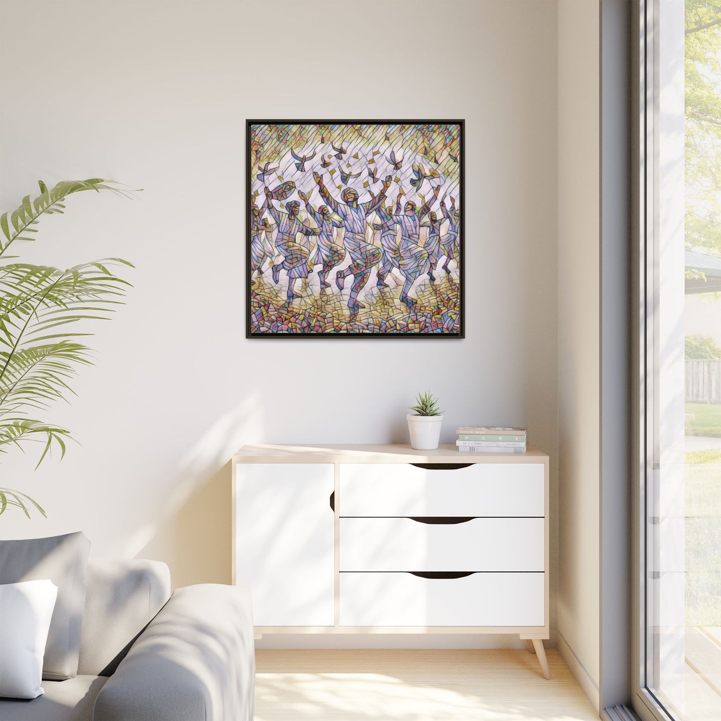 Framed Canvas Art - Joyful Dancers with Doves (Multicolor)