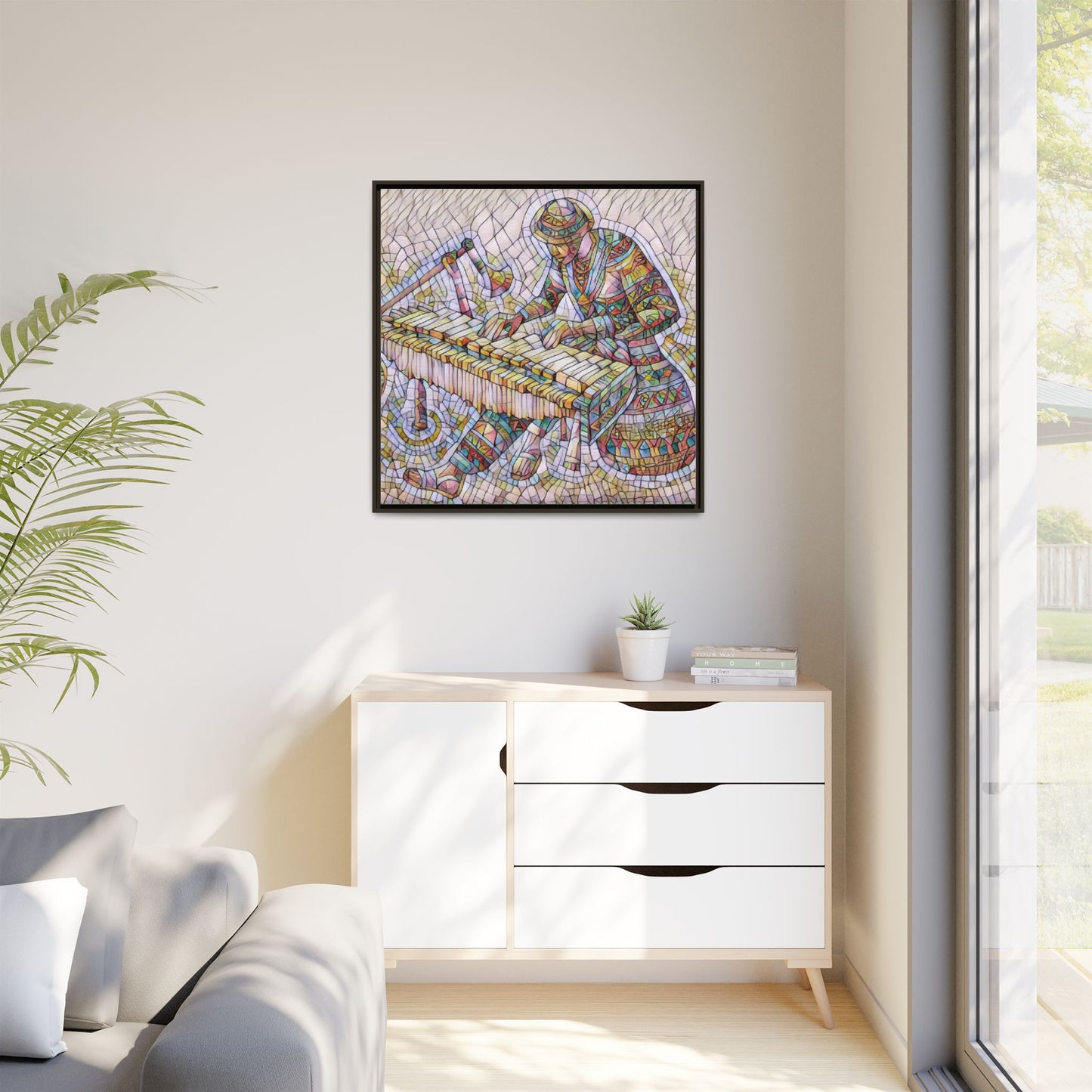 Framed Canvas Art - Colorful Mosaic Vibraphone Musician Print