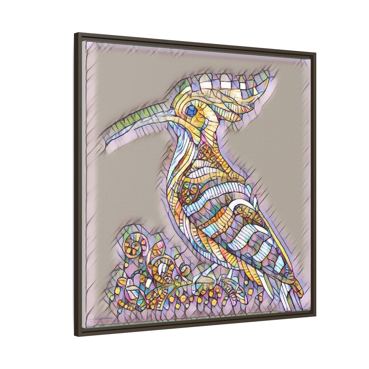 Colorful Mosaic Bird Framed Canvas Art — Whimsical Hoopoe Wall Decor