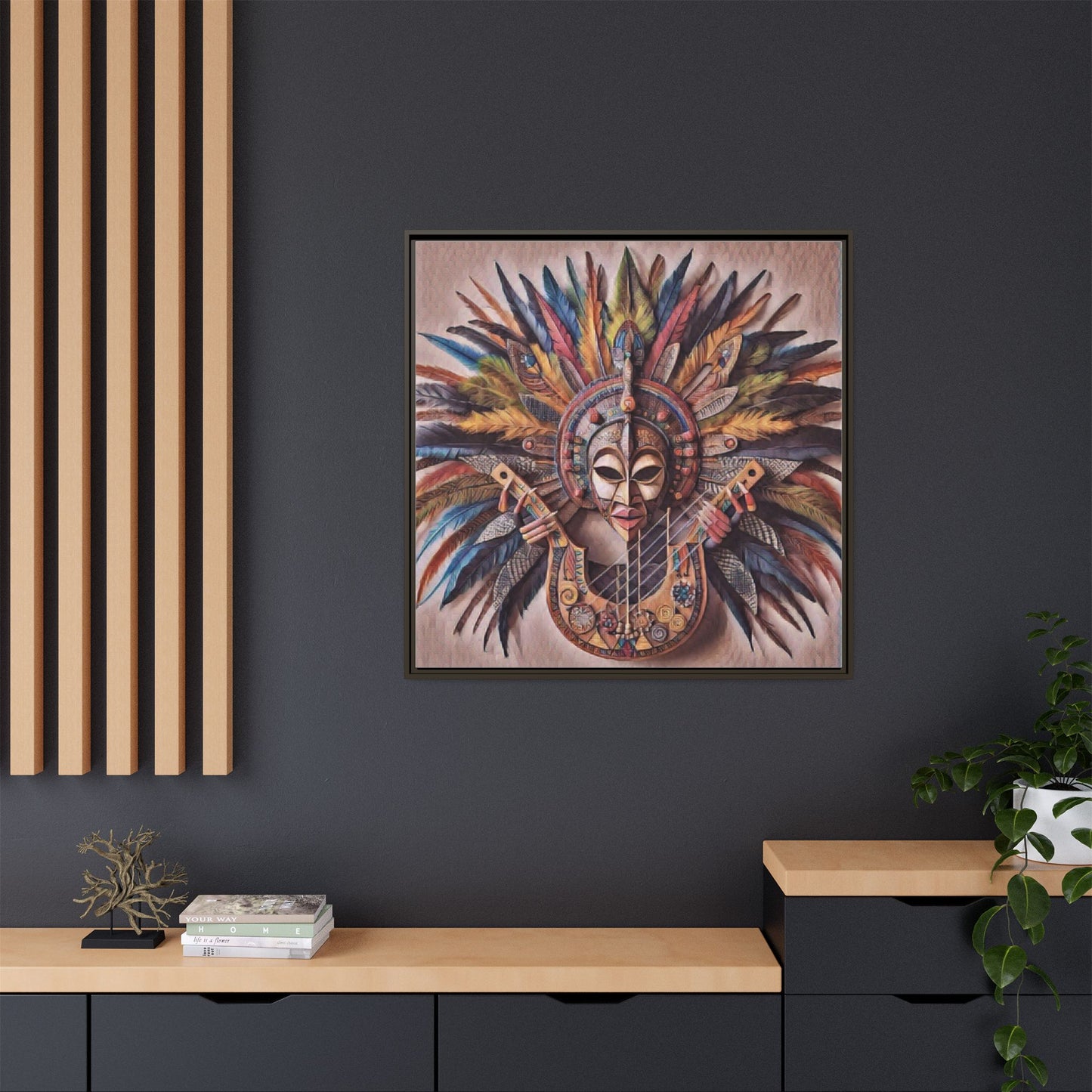 Tribal Feather Mask Guitar Framed Canvas Art — Colorful Boho Wall Decor
