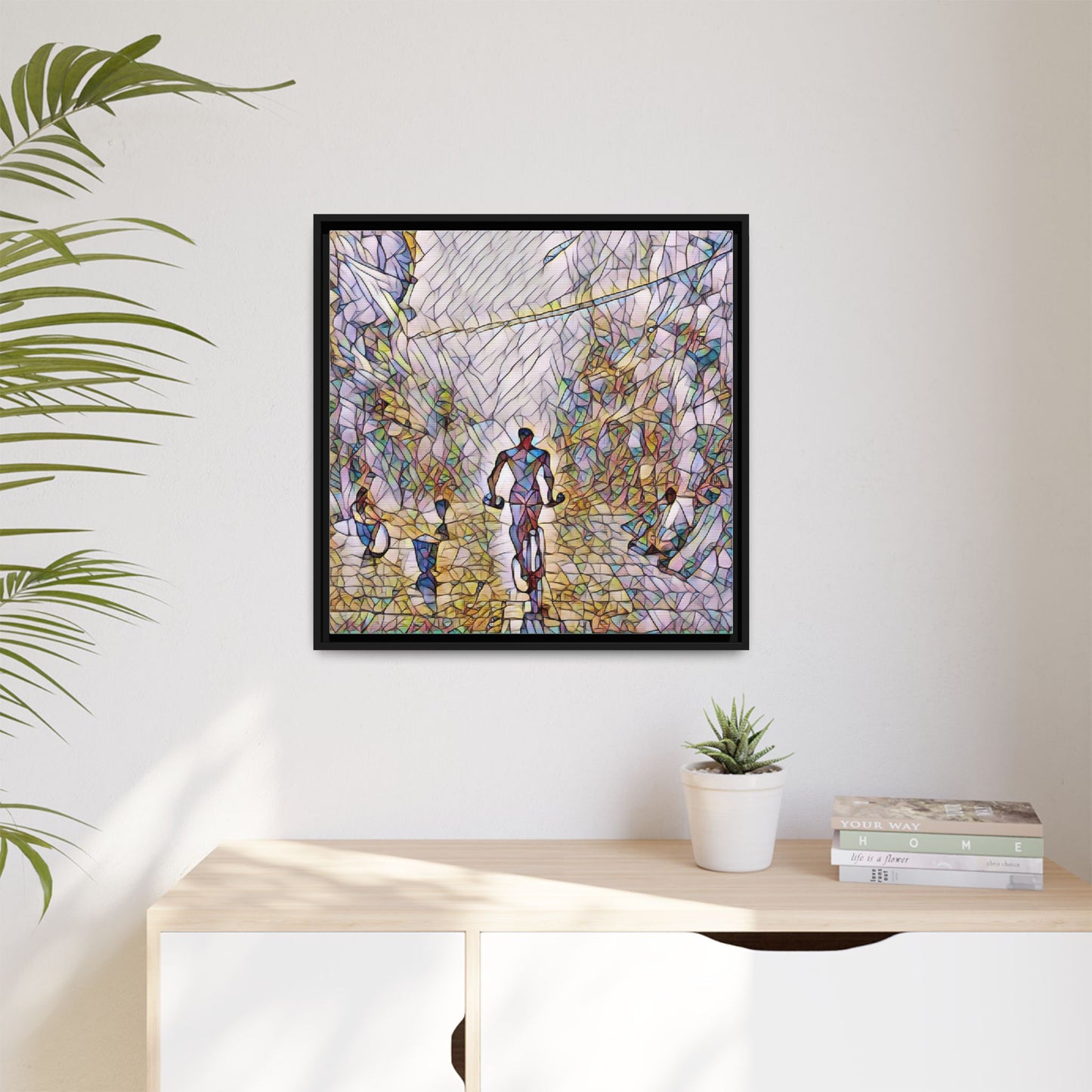 Cyclist Stained-Glass Matte Canvas Framed Wall Art