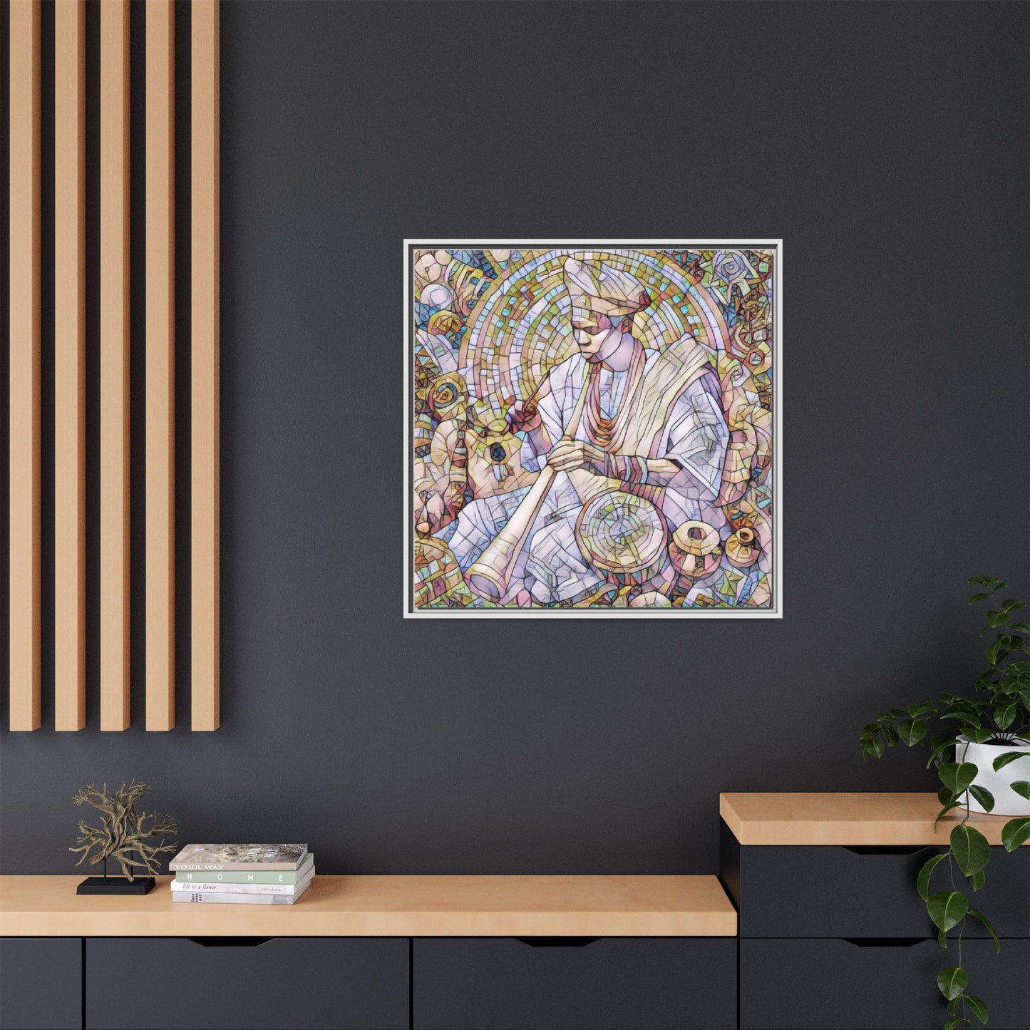 Framed Matte Canvas Print — African Drummer Mosaic Art