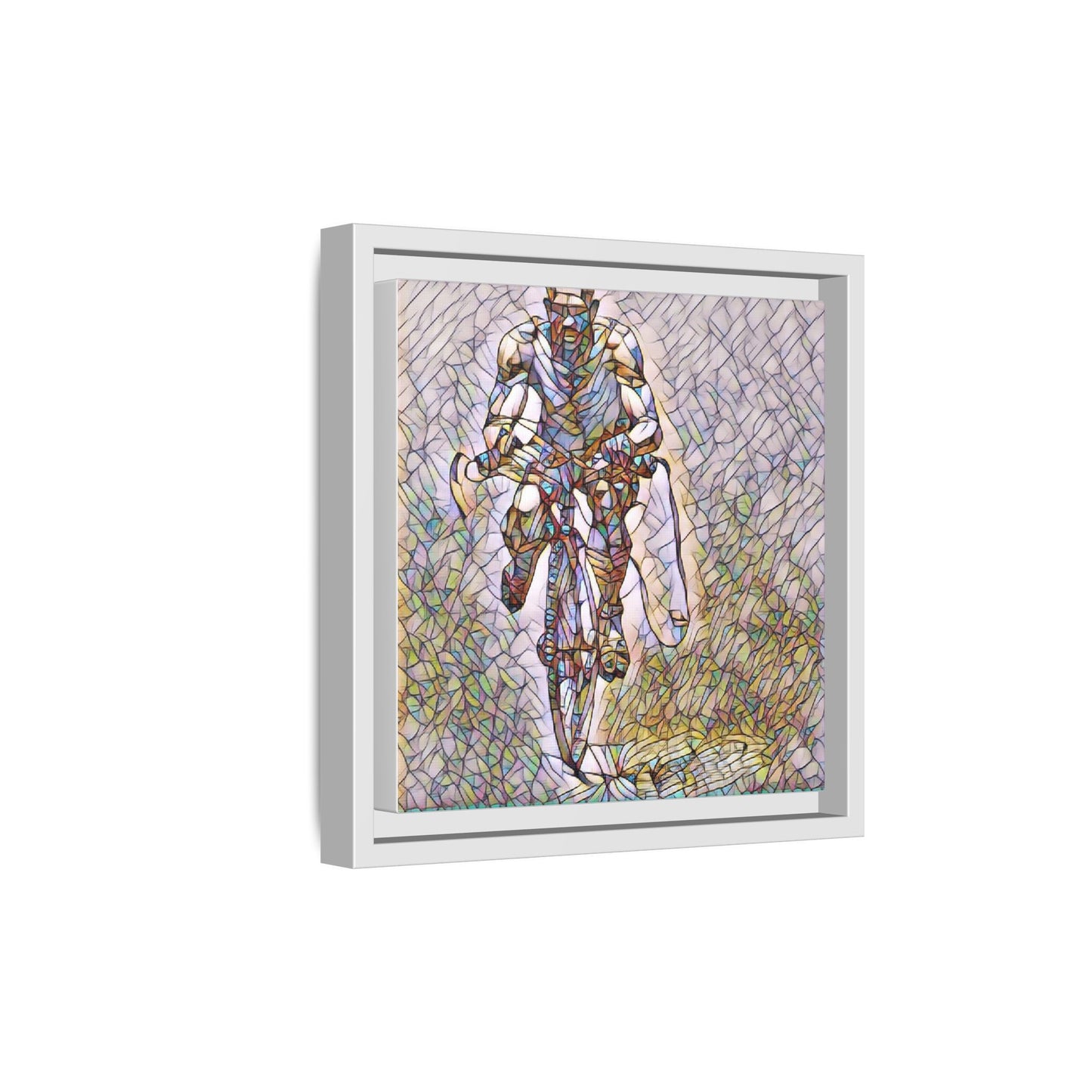 Cyclist Art Print — Framed Matte Canvas Wall Art (Multicolor Stained-Glass Style)