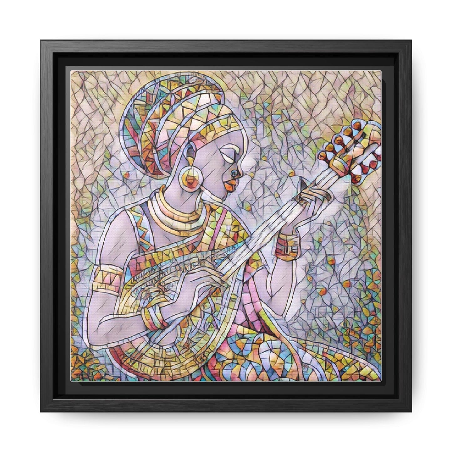 Framed Canvas Art — Colorful African Woman Playing Lute (Matte Multi‑Color)