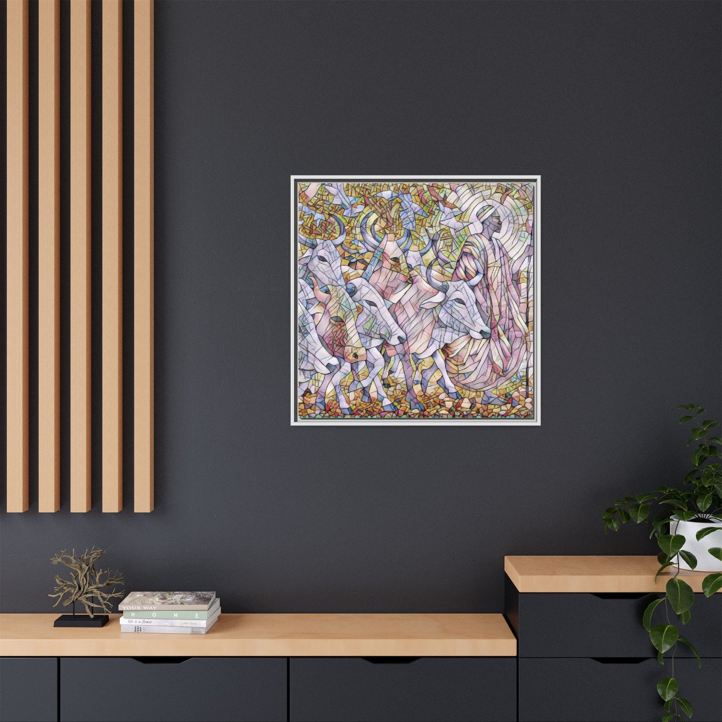 Framed Matte Canvas Art — Stained-Glass Style Cattle Herd