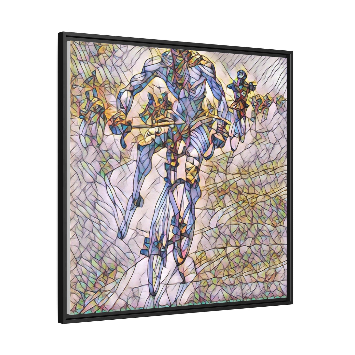 Abstract Cyclist Matte Canvas Framed Art — Colorful Stained-Glass Bike Print