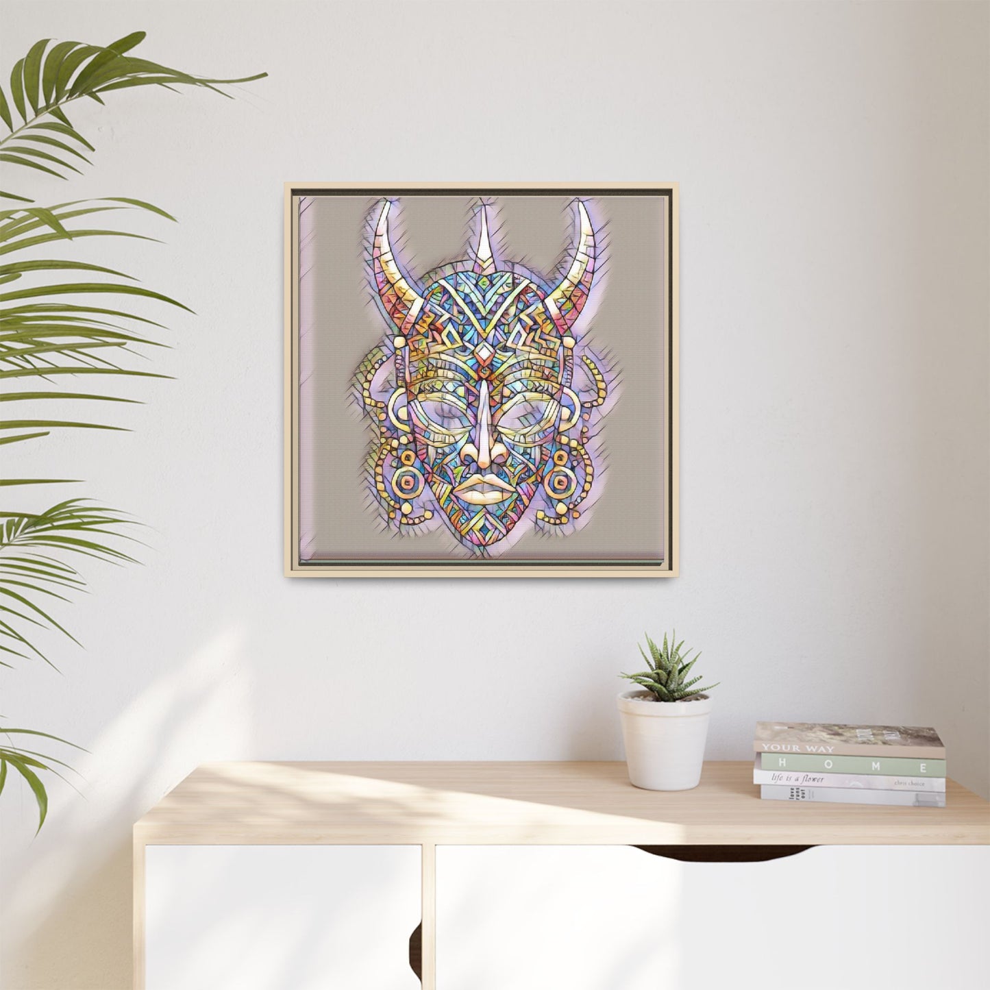 Colorful Tribal Mask Framed Canvas Art — Abstract Ethnic Wall Decor
