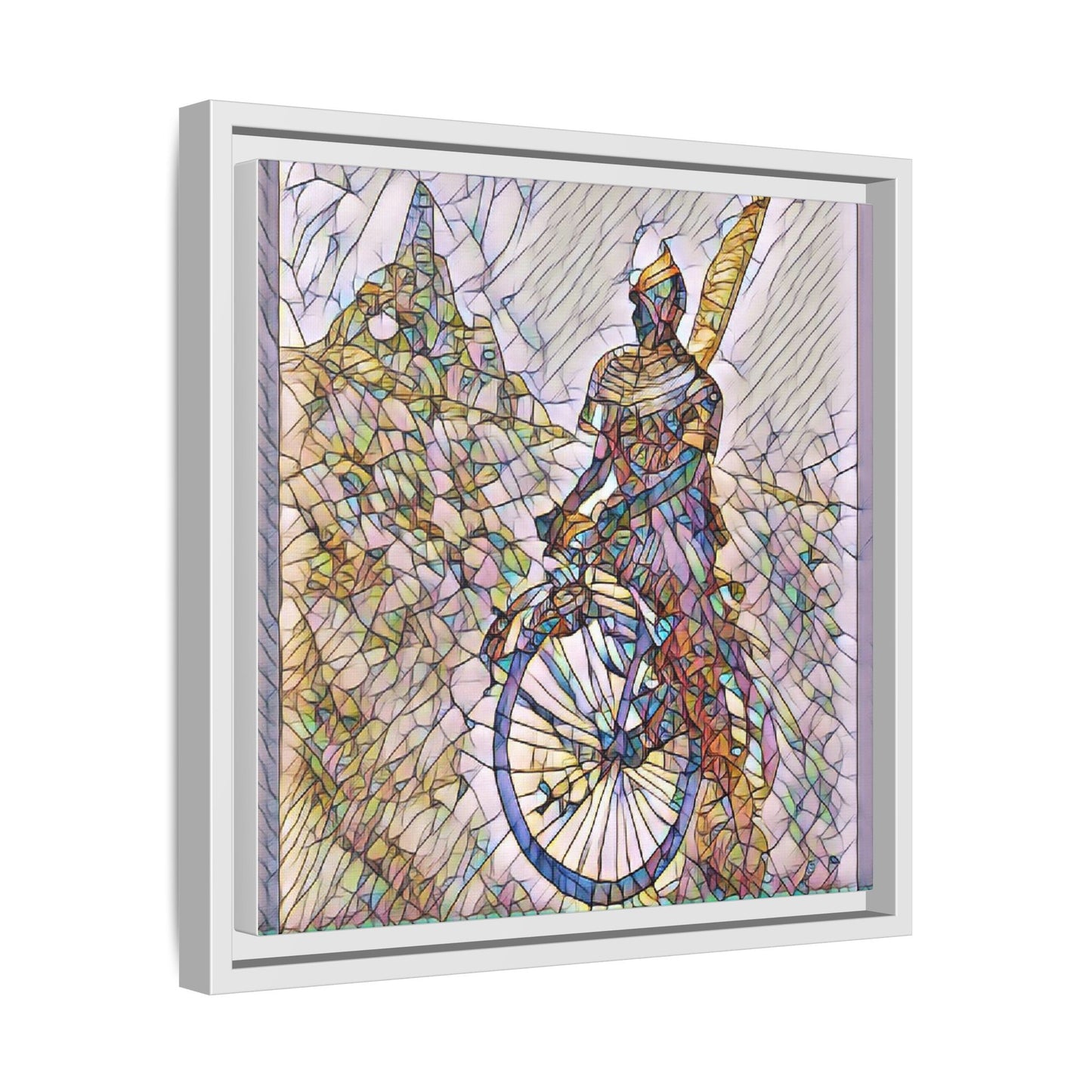 Cyclist Stained Glass Art Print — Framed Matte Canvas