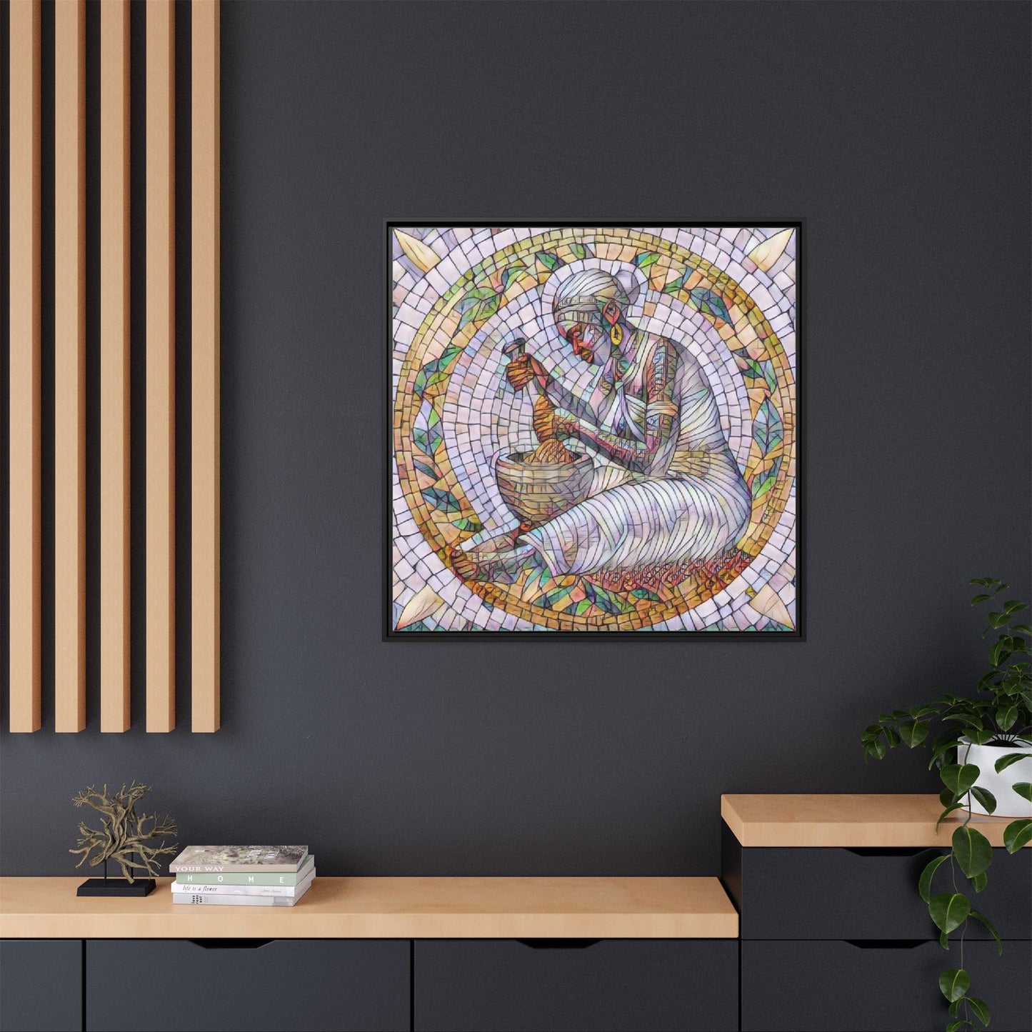Framed Mosaic Art Print — Woman Grinding Grain (Matte Canvas)