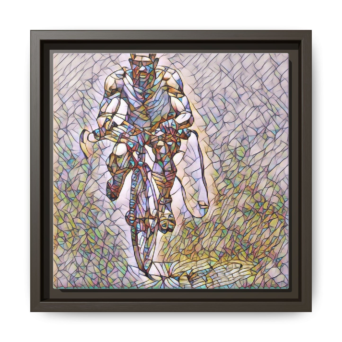 Cyclist Art Print — Framed Matte Canvas Wall Art (Multicolor Stained-Glass Style)