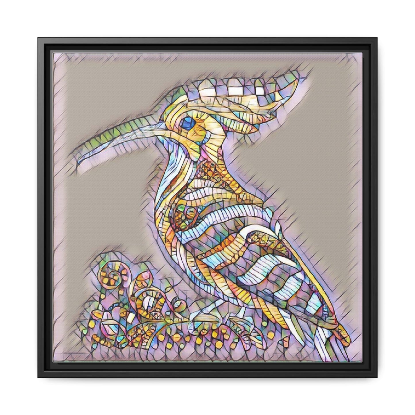 Colorful Mosaic Bird Framed Canvas Art — Whimsical Hoopoe Wall Decor
