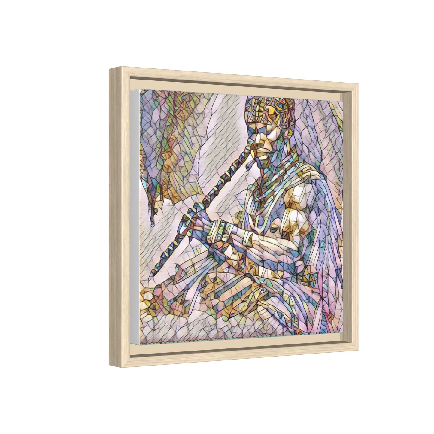 Tribal Flute Musician Stained-Glass Framed Canvas Art
