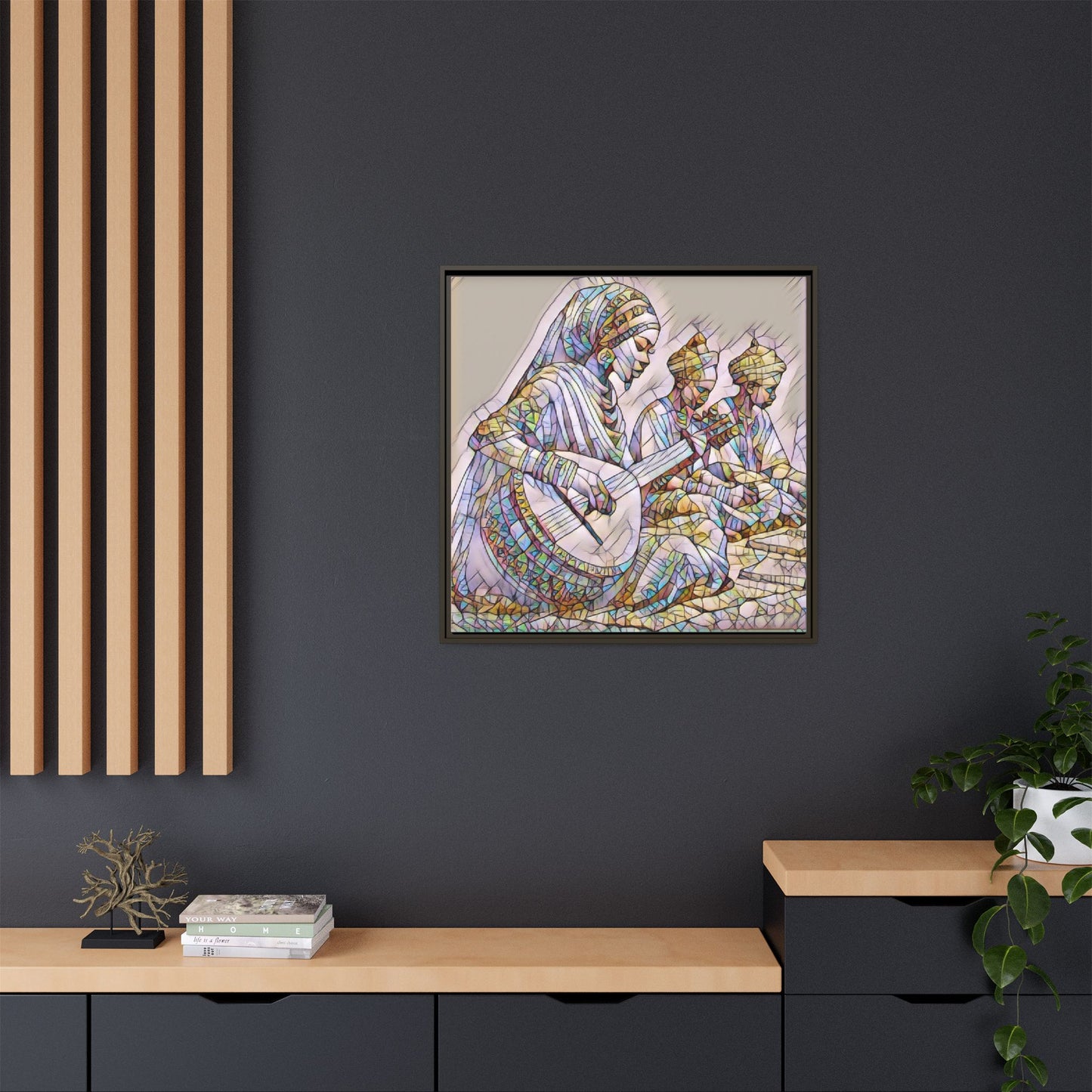 Framed Matte Canvas: Colorful Moroccan Musicians Wall Art