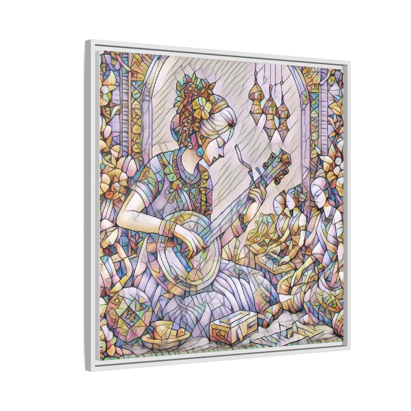 Framed Matte Canvas: Bohemian Woman Playing Lute — Stained-Glass Style Wall Art