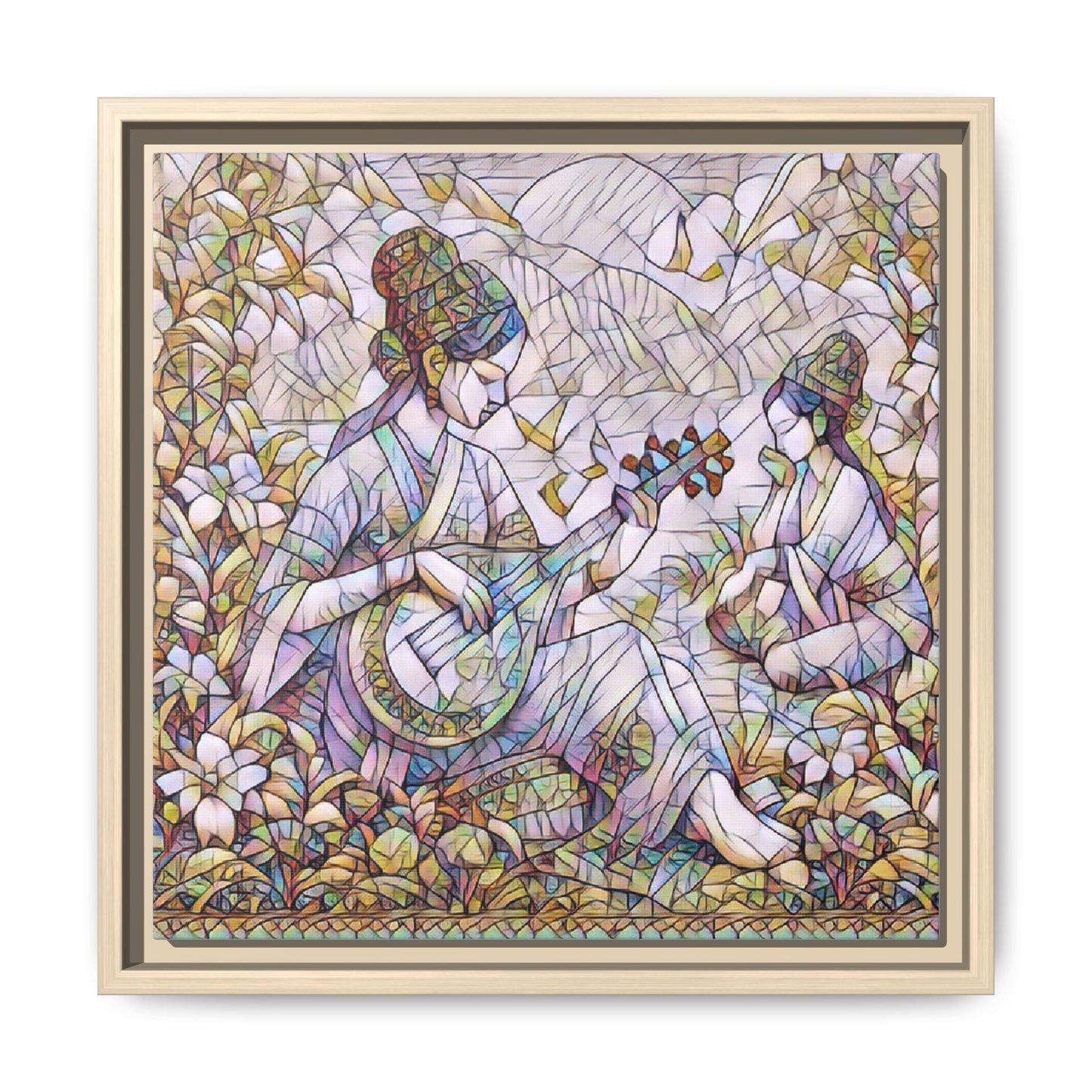 Framed Matte Canvas Art - Vintage Asian Musicians Floral Illustration