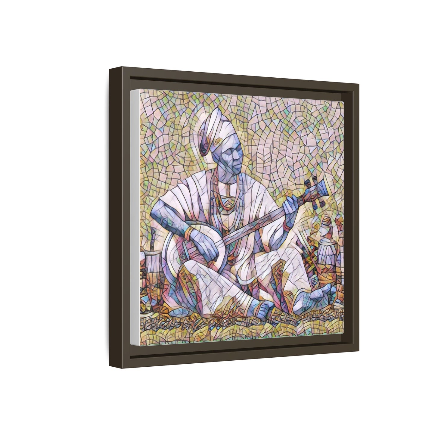 Framed Mosaic Musician Canvas Art — African Griot with Kora