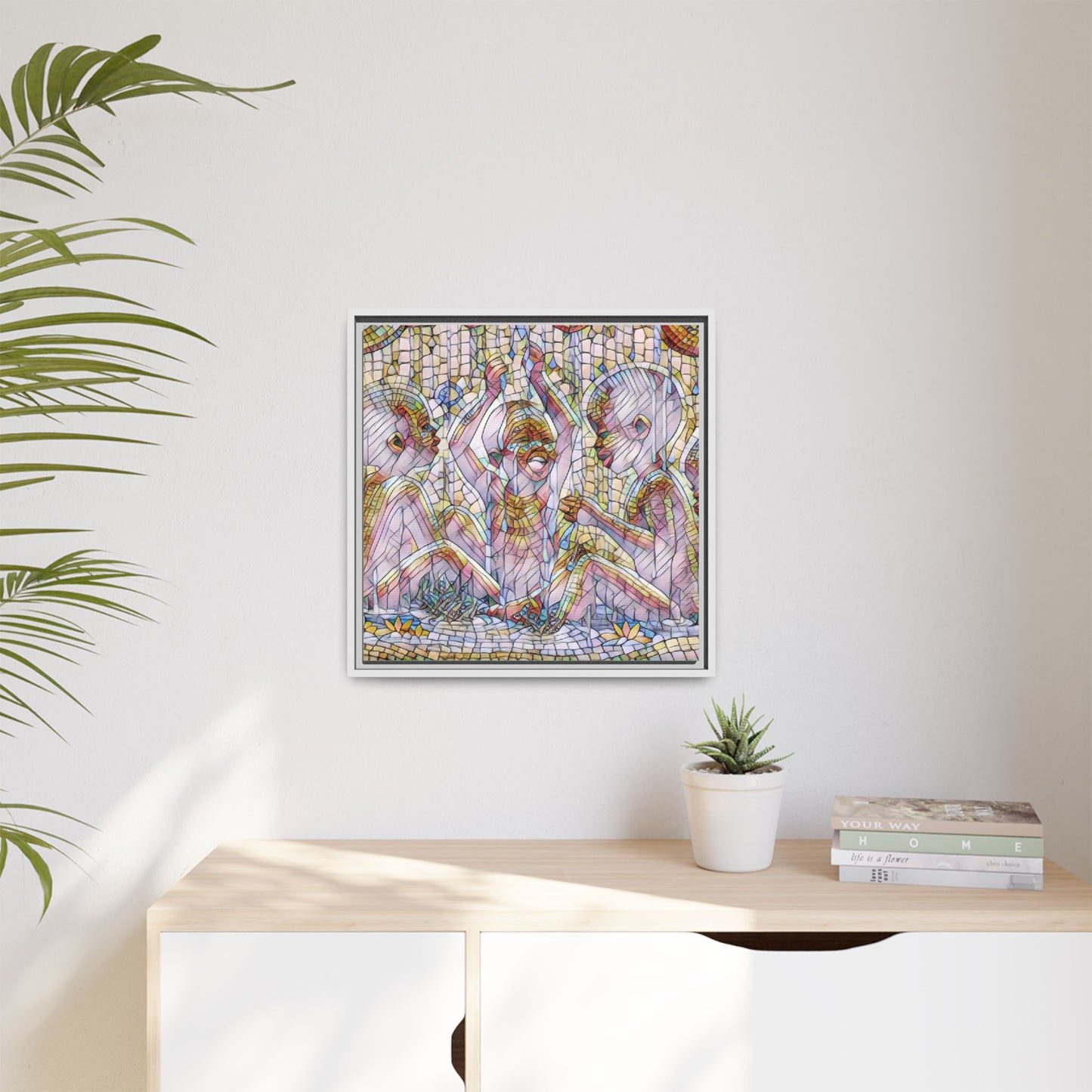 Framed Matte Canvas Art — Mosaic Children Playing (Multicolor)