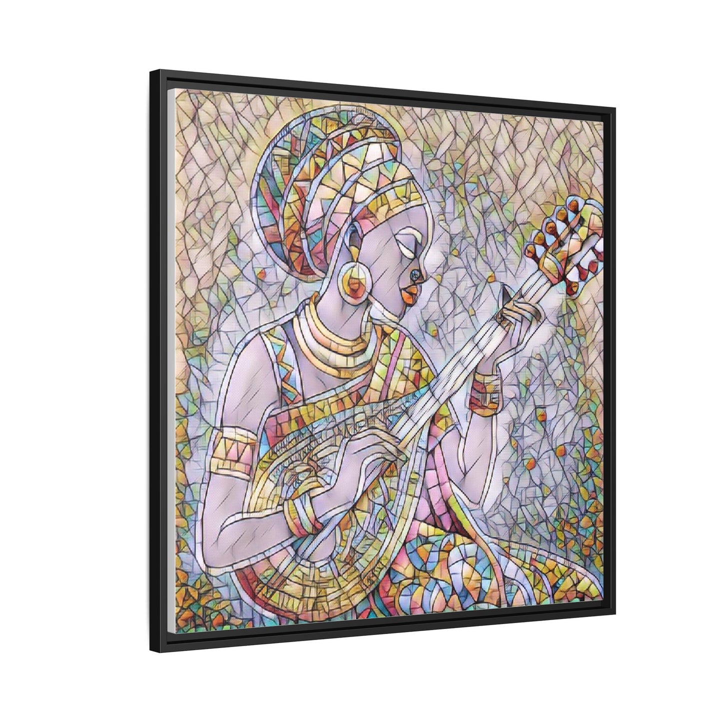 Framed Canvas Art — Colorful African Woman Playing Lute (Matte Multi‑Color)
