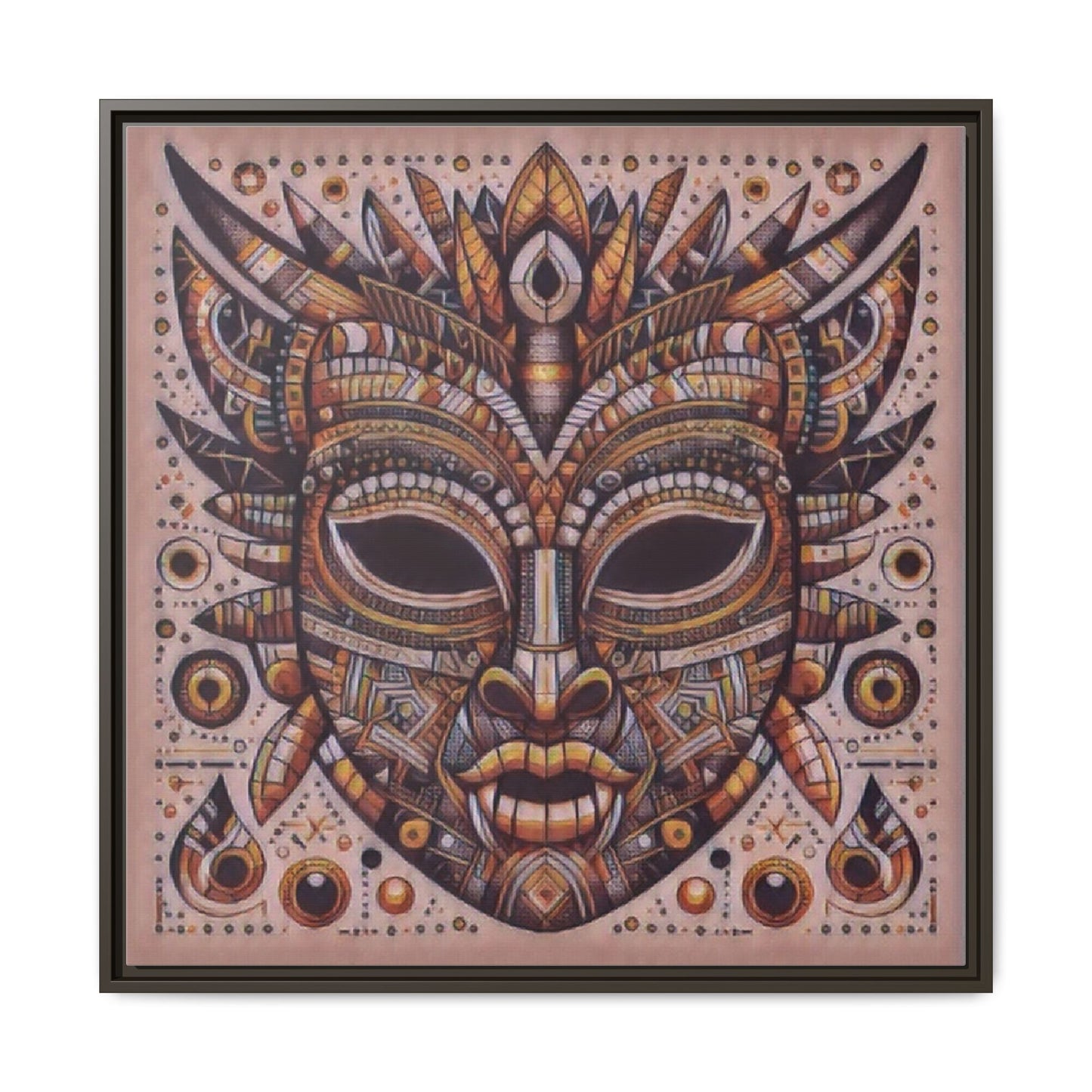Tribal Mask Framed Canvas Art — Multicolor Matte Wall Decor