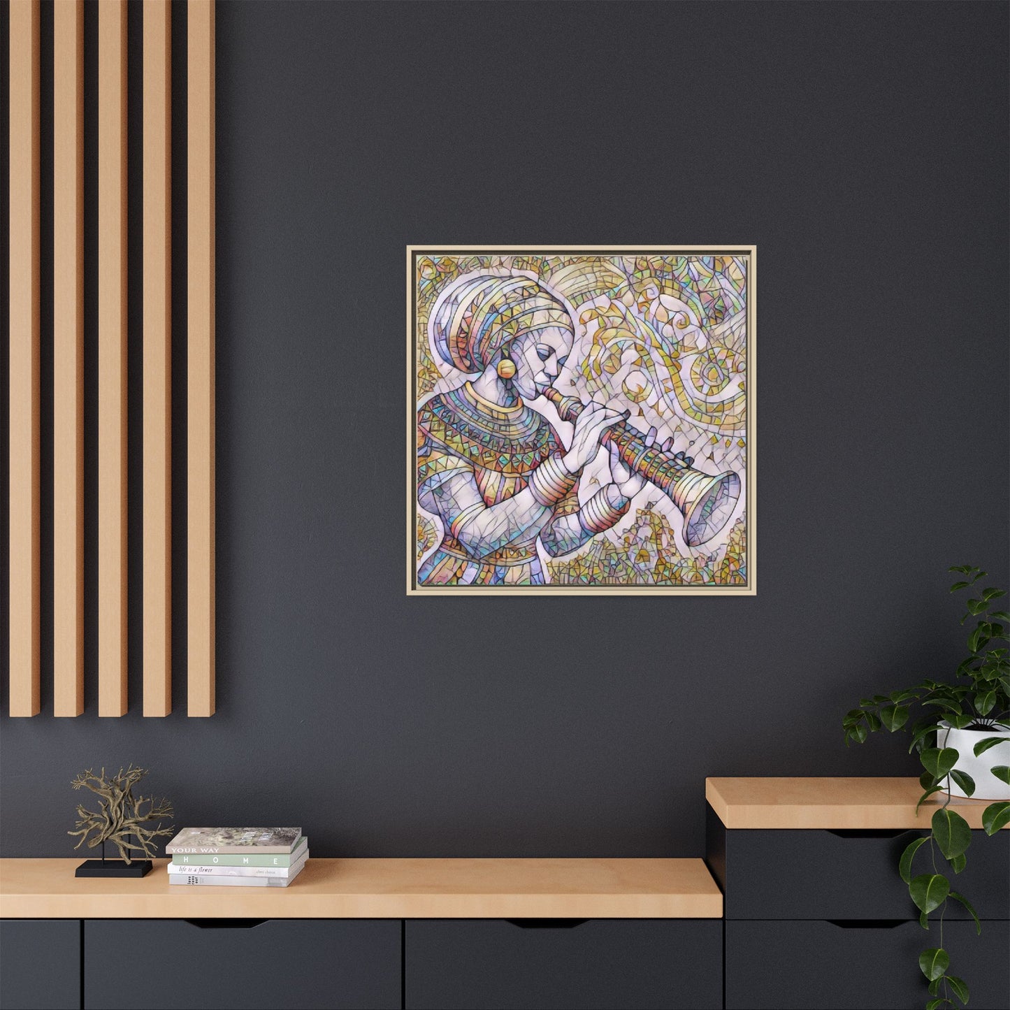 Egyptian Flutist Mosaic Matte Canvas Framed Art