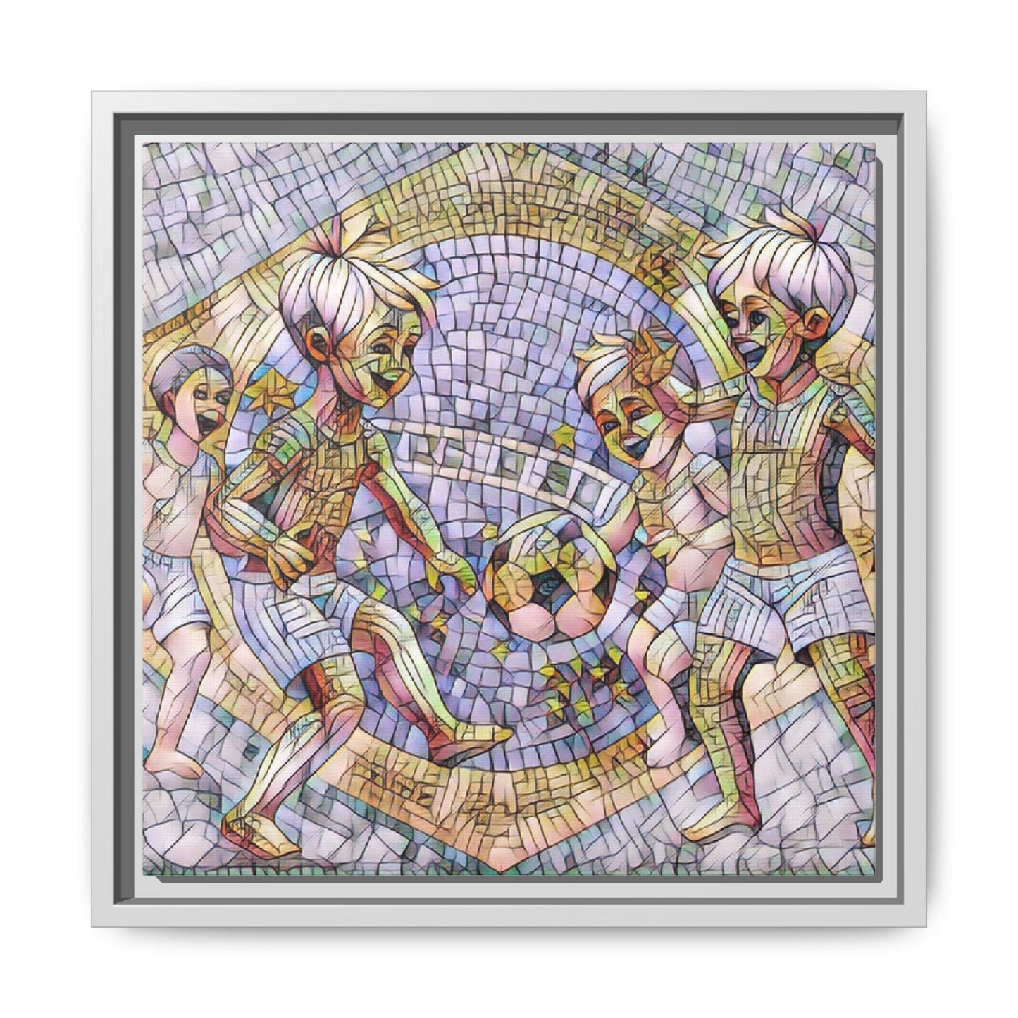 Framed Matte Canvas – Vintage Mosaic Kids Playing Soccer Art
