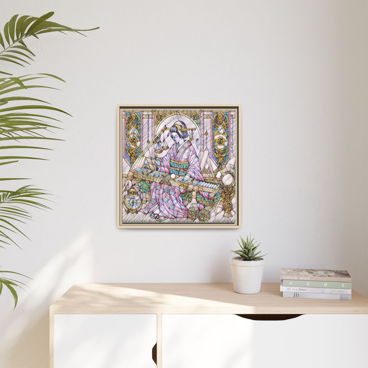 Framed Matte Canvas — Geisha Harp Stained-Glass Art Print